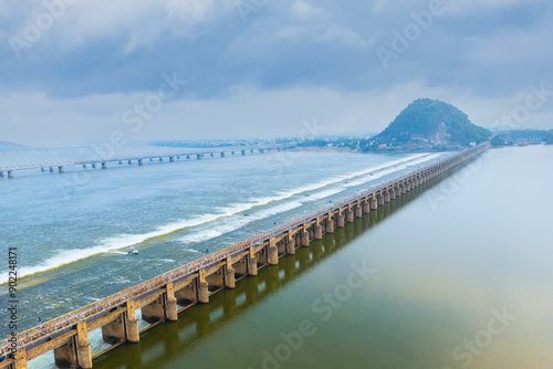 Prakasam barrage over river Krishna in Andhra Pradesh state, India