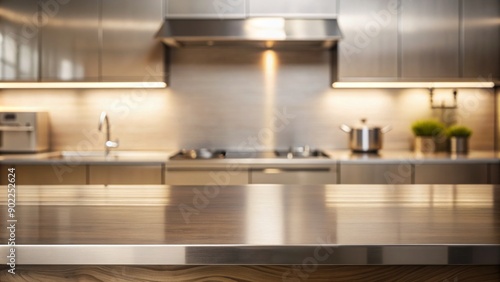 Empty stainless steel table with subtle texture, soft focus and warm tones, set against a blurred kitchen background with faint countertop and cabinet hints.