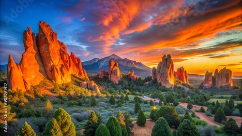 Vibrant orange and pink hues illuminate the iconic red rock formations of Garden of the Gods at dawn, set against a serene blue morning sky.