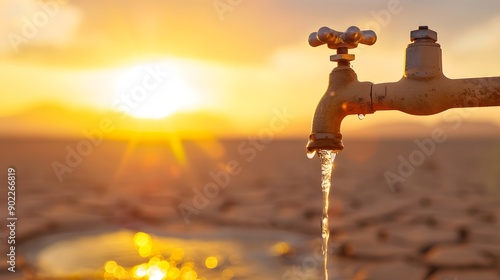 Serene Desert Scene with Dripping Faucet at Sunset