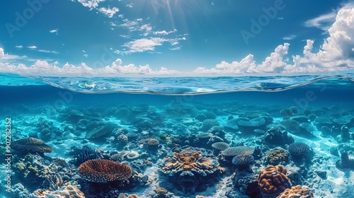 Extensive view of a coral reef suffering from bleaching with the ocean floor visible and significant empty space on the left side of the image Stock Photo with copy space