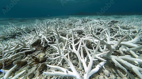 High-detail image of coral bleaching with surrounding marine life and the ocean floor visible leaving significant empty space on the right side of the image for design purposes Stock Photo with copy