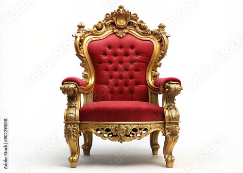 Ornate intricately carved gilded wood throne chair adorned with golden accents, red velvet upholstery, and lavish details, set against a transparent background, exuding opulence and regality.