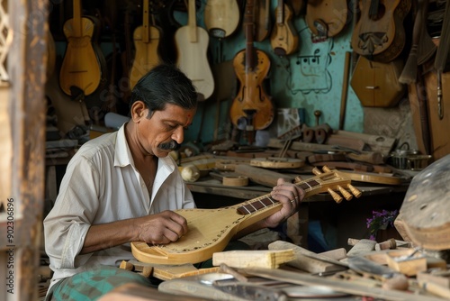 A rare sight of an Indian artisan crafting traditional musical instruments, the workshop filled with tools and raw materials, and the artisan's focused expression and skillful hands emphasizing the