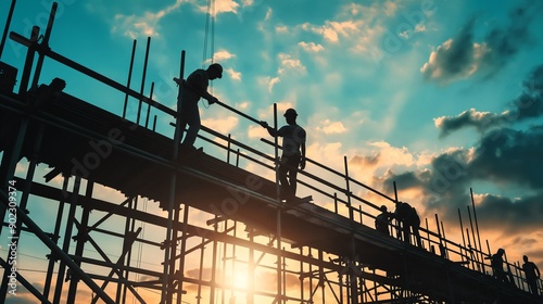 Construction workers silhouetted against a vibrant sunset, diligently building the future amidst a cityscape of steel and dreams. Generative ai illustration