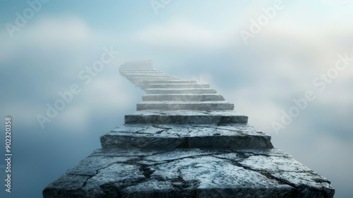 Stone steps ascend into a misty sky, suggesting a journey towards an unknown destination.