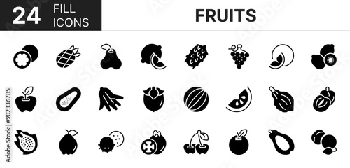 Collection of 24 Fruits fill icons featuring editable strokes. These outline icons depict various modes of Fruits, exotisch, pictogram, ingesteld, eetbaar, appel, 