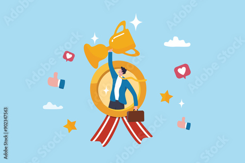 Employee of the month award winner, high performance champion, gold medal reward, success or victory recognition prize, leadership or achievement concept, success businessman holding trophy badge.
