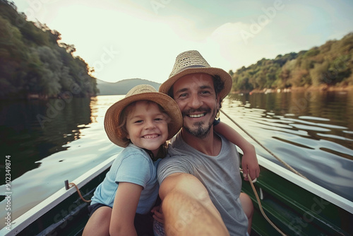 Happy family taking selfie while boating. Spending time in boat outdoors on weekends or on vacation travel with the whole family together in nature lake pond concept