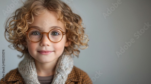 A cheerful child with curly hair and glasses looks happily at the camera while indoors