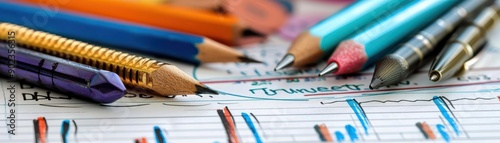 A close-up of colorful pens and pencils arranged over a lined graph sheet, showcasing creativity and productivity in workspaces.