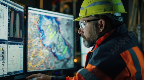 Engineer using computer for geological analysis and mapping. Wearing safety helmet and orange hi-vis jacket in control room.