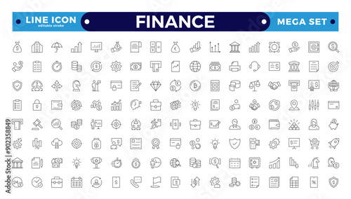 Finance icon set. Containing loans, cash, savings, financial goals, profit, budgets, mutual funds, earning money, and revenue icons. Editable stroke outline icon.