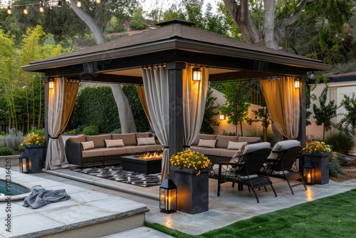 A tranquil outdoor patio featuring comfortable seating, stylish lighting, and a warm fireplace surrounded by lush greenery, perfect for relaxation and socializing.