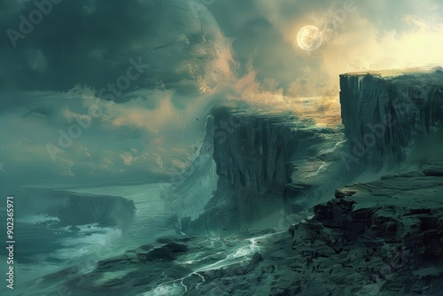 Alien moon landscape with a stormy sea and colossal cliffs