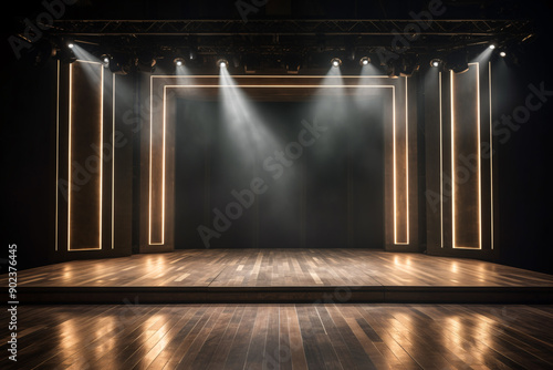 Artistic performances stage light background with spotlight illuminated the stage for modern dance. Empty stage with neutral and natural tones backdrop decoration. Lighting design. Entertainment show.