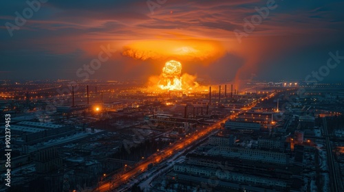 A large explosion lights up the night sky over an industrial complex. AI.