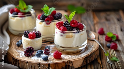 Creamy panna cotta decorated with fresh berries image