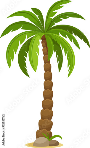 Cartoon jungle coconut palm tree with lush green fronds and sturdy trunk standing on patch of sandy ground. Isolated vector environmental landscape element, game asset, exotic tropical beach palm tree