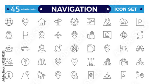 Location icon set. Containing map, map pin, gps, destination, directions, distance, pace, navigation and address icons. Navigation icons collection. Editable stroke outline icon. 