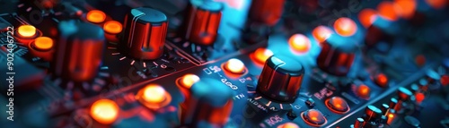 Close-up vibrant music synthesizer during live electronic performance in neon lights