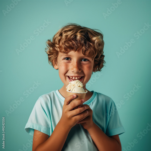 Adorable boy wearing t-shirt eating ice cream cup