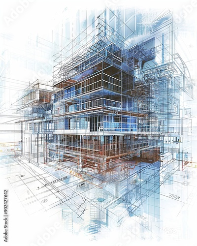 A detailed BIM blueprint of a construction project, showcasing intricate architectural details with digital data layers, symbolizing advanced planning. Created Using: high-resolution, sharp lines, BIM