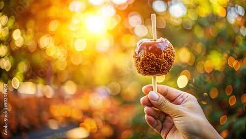 A hand holding a caramel apple on a stick, with the shiny caramel coating glistening in the sunlight against a blurred outdoor background.