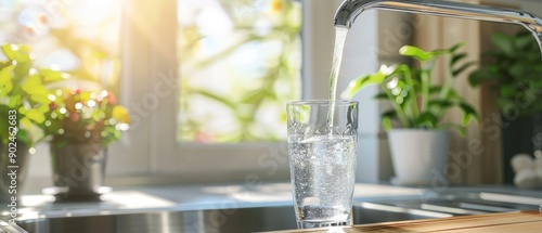 Filling up a glass with clean drinking water from kitchen faucet. Safe to drink tap water.