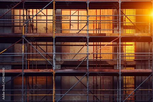 Construction site with scaffolding at sunset