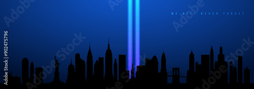 Silhouette of NYC skyline with Twin Towers light tribute