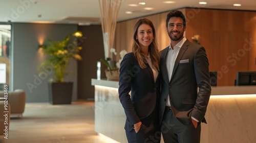 Smiling business couple standing at reception hotel. executive, board, manager, owner.