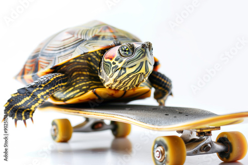 Turtle on a skateboard on a white background, the concept of acceleration of technological progresss