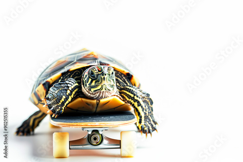 Turtle on a skateboard on a white background, the concept of acceleration of technological progresss, copyspace