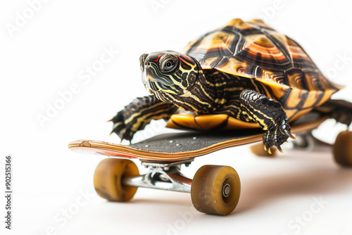 Turtle on a skateboard on a white background, the concept of acceleration of technological progresss, copyspace