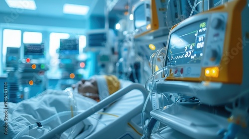 a bedridden patient in the intensive care unit is connected to a life support machine.