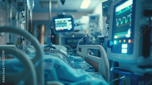 a bedridden patient in the intensive care unit is connected to a life support machine.