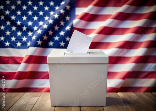 An empty white ballot box with a slot on top, ballot papers nearby, and a patriotic background with flags or national colors, awaiting voter submissions.