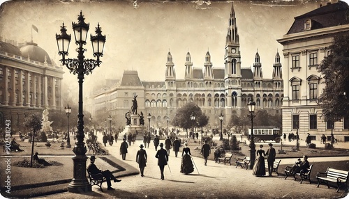 Vintage Scene of a Park in Early 1900s Vienna with People Strolling and Historic Buildings