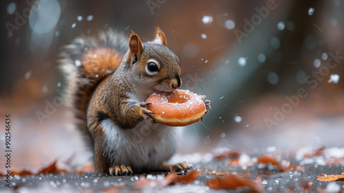 Sugar Bandit. Sly Squirrel Making Off with a Large Donut