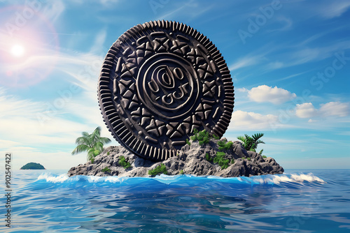 Giant chocolate sandwich cookie on a tropical island, blending fantasy and food in an exotic setting