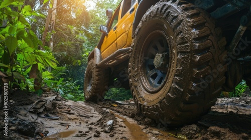 A big wheel of the 4x4 off-road car driving on terrain route in the jungle