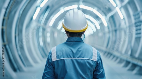 Engineer in a blue uniform adjusting a scale model of a wind turbine in a wind tunnel with a deep depth of field