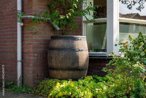 Rain barrel on exterior of modern house, saving rainwater to reuse it in the garden