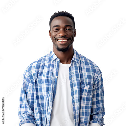 Front view mid shot of a handsome African man dressed in a blue checkered shirt and white pants, smiling on a white transparent background