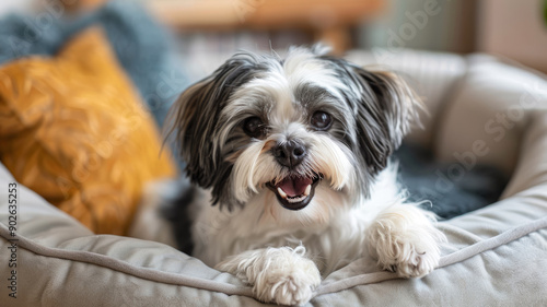 Adorable small dog lying comfortably in a cozy pet bed.