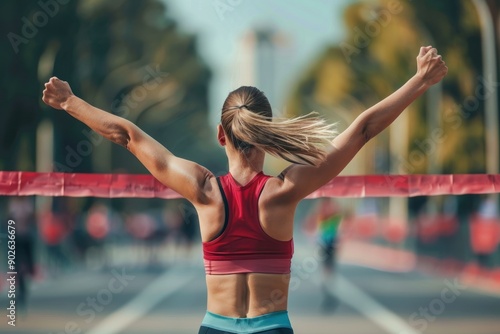 An athlete, woman, runner, arrives at a finish line. Concepts of success, win, and achievement