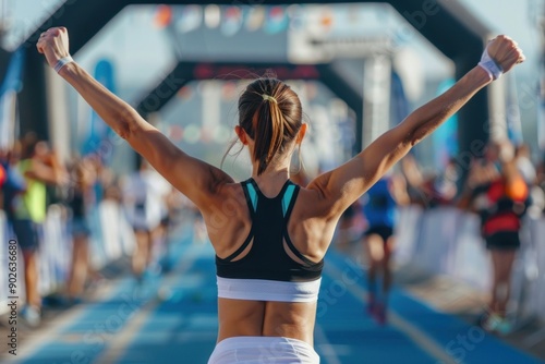 An athlete, woman, runner, arrives at a finish line. Concepts of success, win, and achievement