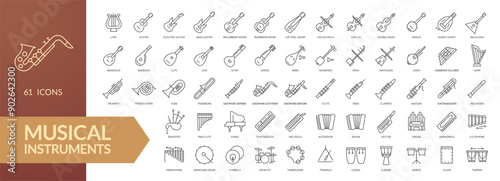 Musical instrument line icon set. Strings, winds, keyboards, percussion. Vector illustration. Collection