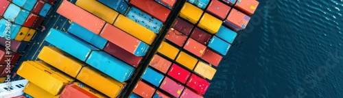 Arial View of Vibrant Shipping Containers on Industrial Dock near Blue Ocean Water